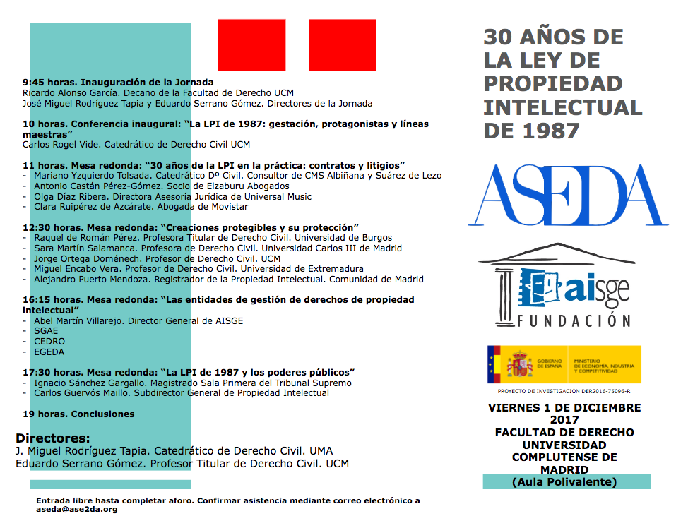 Jornada 30 a&ntilde;os de la Ley de Propiedad Intelectual de 1987